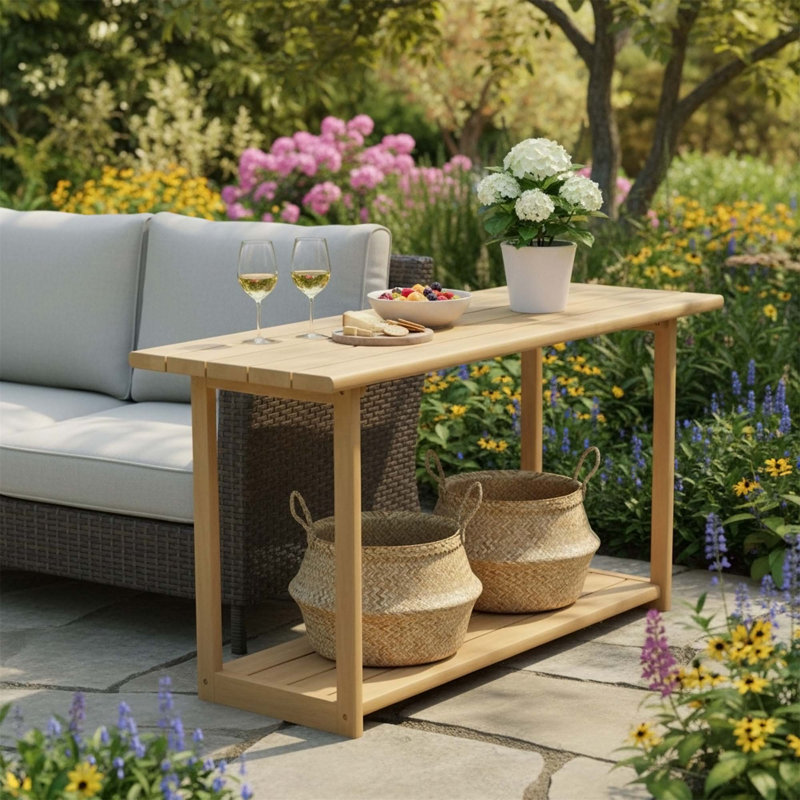 Buffet d'extérieur durable et console en bois d'acacia durable avec tablette inférieure, parfait pour une utilisation intérieure et extérieure
