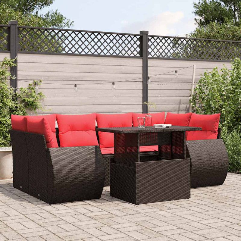 Ensemble de canapé de patio 7 pièces avec coussins en rotin de polyester, Rouge, Brun