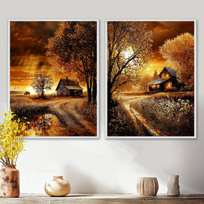 Autumn Barn Country Sunset I - Countryside Canvas Wall Art, Landscapes Wall Decor Set of 2