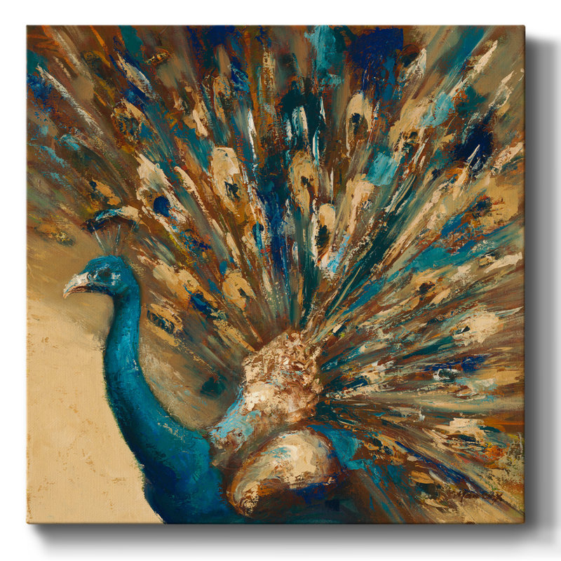 Fier paon sur toile, Brun et bleu, H 40 po x l 40 po
