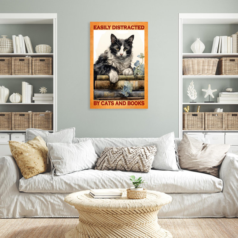 Chats et livres sur toile, H 36 po x l 24 po x P 1,25 po
