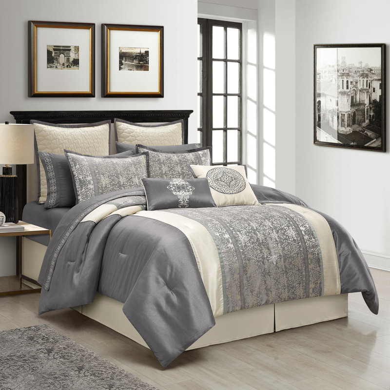 Literie 12 pièces Arabesque , Gris, Édredon pour grand lit + 11 pièces supplémentai