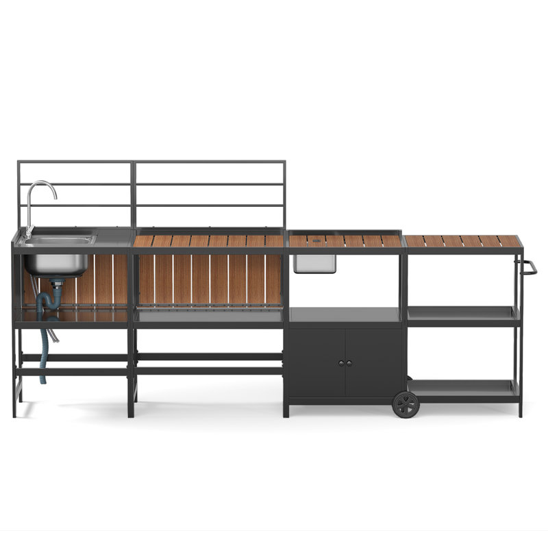 Ensemble de bureau modulaire d'extérieur 4 pièces avec évier en acier inoxydable, structure en aluminium noir et roulettes mobiles