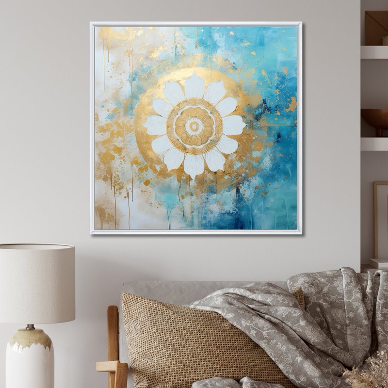 Divine mandala délicat or doux turquoise I sur toile, H 16 po x l 16 po x P 1 po, Cadre flottant blanc