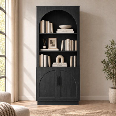 Arden 73.7"H x 63"W Wide Arched Bookcase with Adjustable Shelves and 4-Door Storage Cabinets