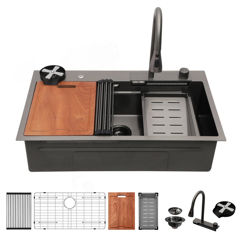 33" Gunmetal Black Kitchen Sink Waterfall Sink - 33 X 19.29 X 9 Inch Multifunction Single Bowl 16 Gauge Stainless Steel Ledge Workstation Smart Top Mount Kitchen Sinks