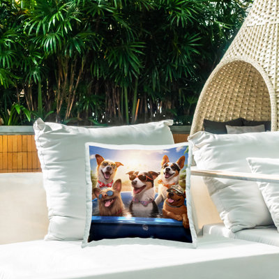 Fun Dogs in Pool Outdoor Printed Pillow by Jim Baldwin