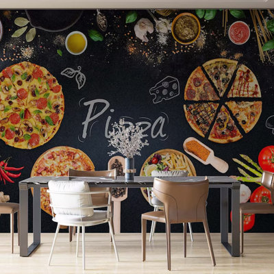 Modern Italian Pizza Food Theme Peel & Stick Wall Mural, Restaurant Kitchen Café Decor