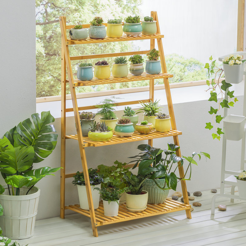 Support pour plante pliante à 4 niveaux, support de rangement en forme de trapèze en bambou pour jardin de balcon, Naturel