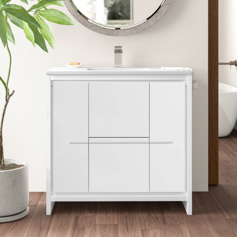 Meraris 35.5'' Single Bathroom Vanity with Quartz/Ceramic Undercount Sink Top, Blue
