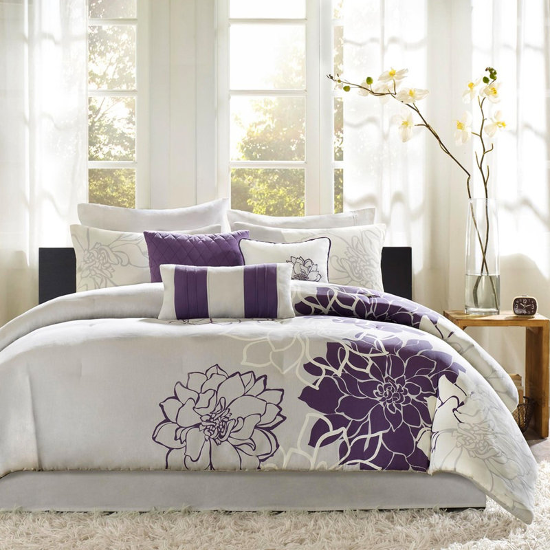 Édredon en coton imprimé simple / simple TG - gris taupe / mauve avec taies décoratives et coussins brodés