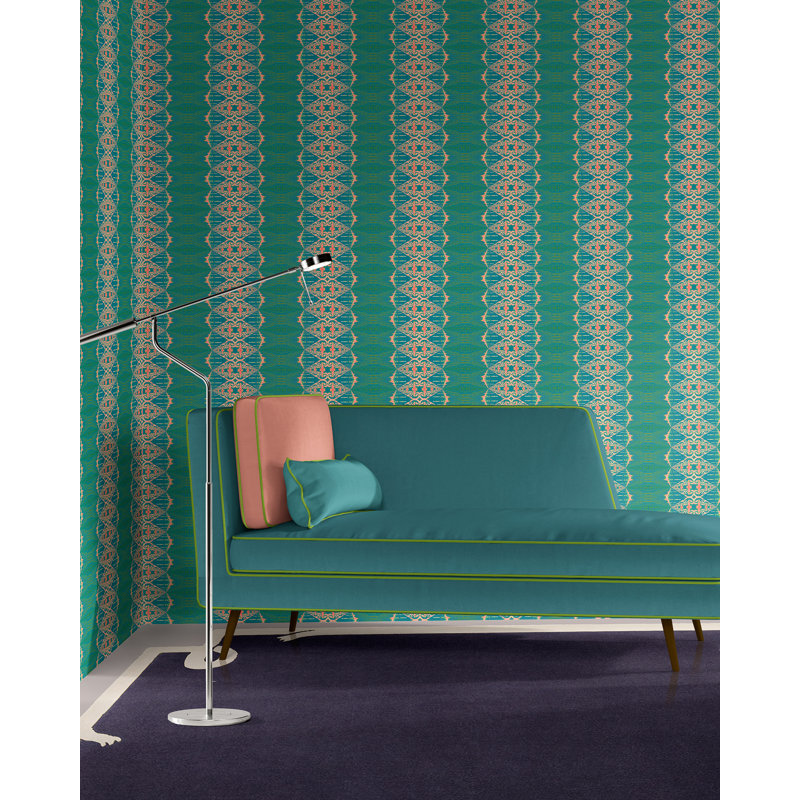 Elizabeth | Ornate Stripe Wallpaper Double Roll, Teal/Blue/Green/Pink/Orange