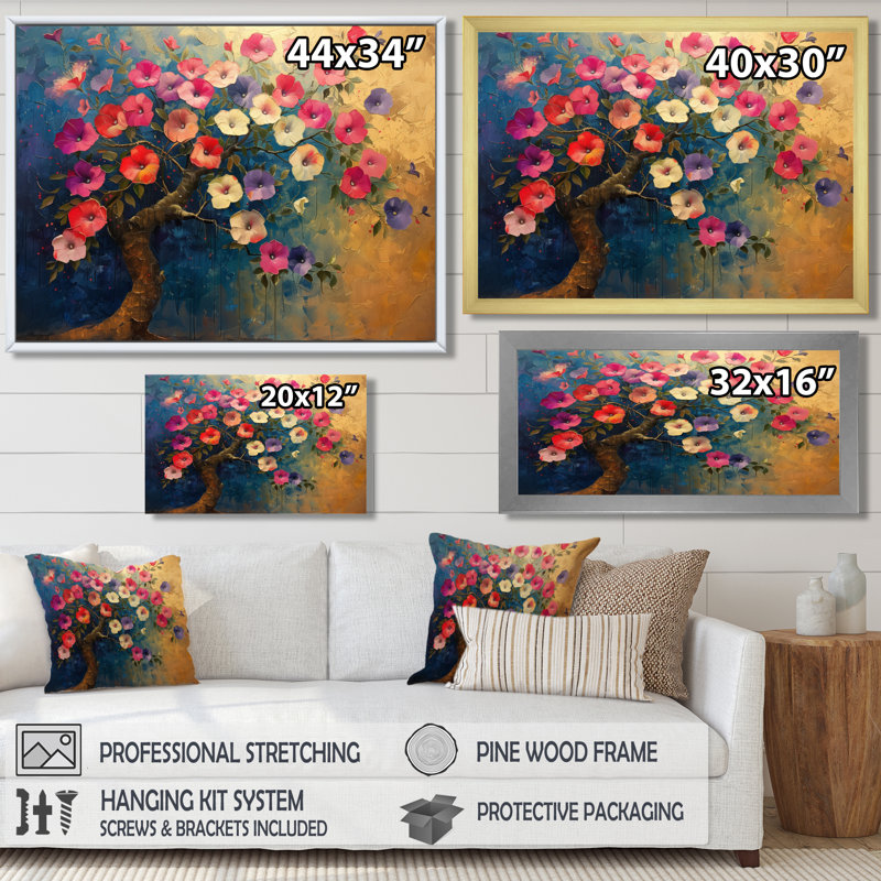 «Rose Glory Morning Vibrant Tree I», art mural, H 30 po x l 40 po, Cadre flottant noir