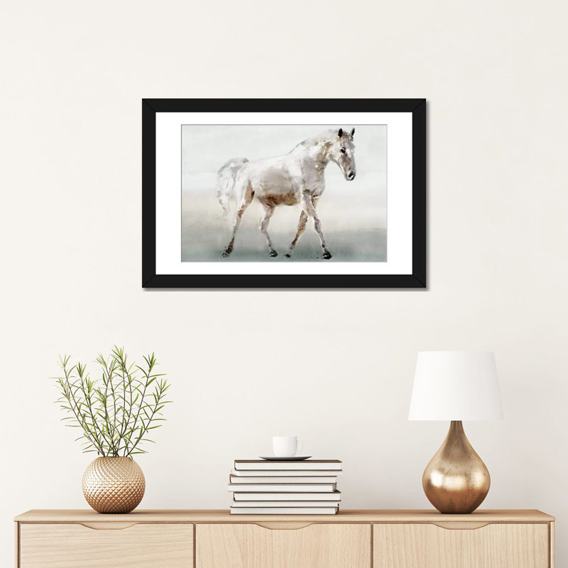 «White Horse», impression sur toile, H 16 po x l 24 po x P 1 po, Papier d'art encadré noir, Blanc