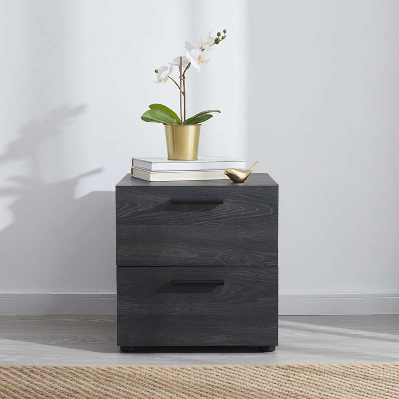Nestl Wooden Nightstand with 2 Drawers, Black, 1