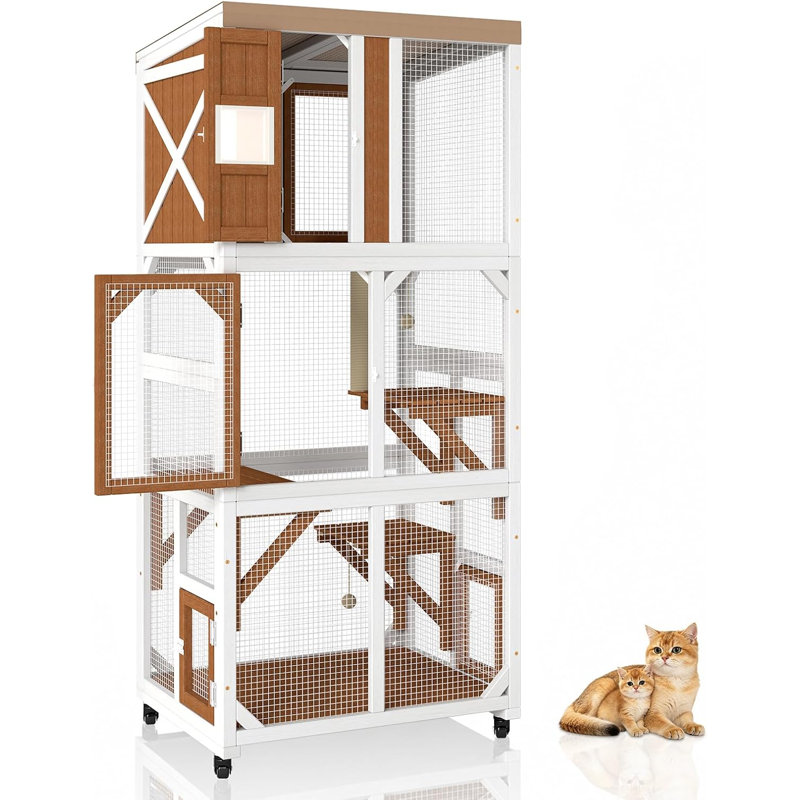 Portable Vertical Catio with Window Access, 5 Platforms, Scratching Post & Teaser Ball, Wheels for Patios & Balconies