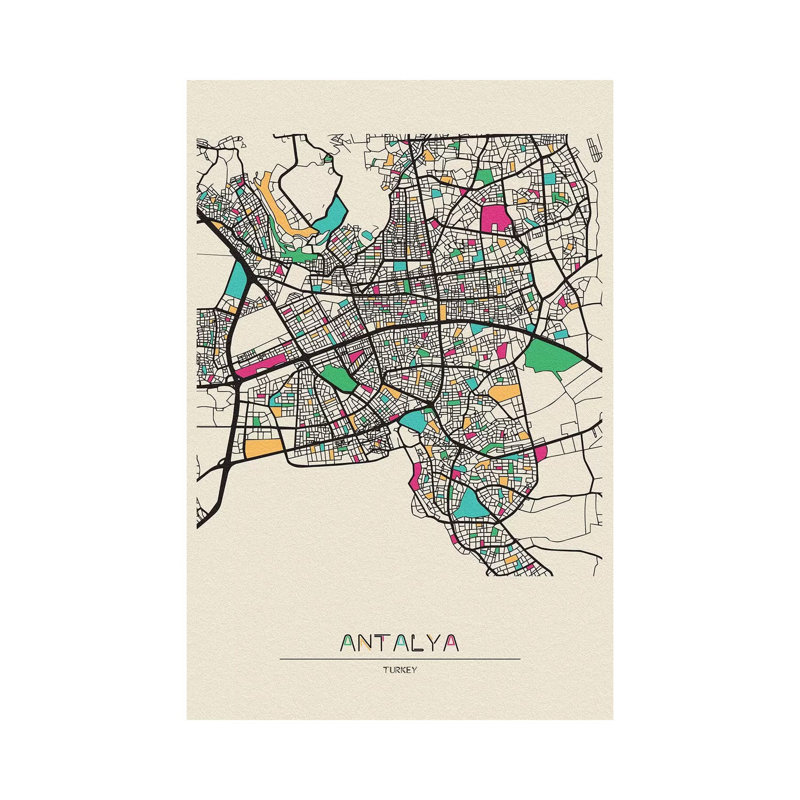 Carte d'Antalya, Turquie par Ayse Deniz Akerman - impression sur toile tendue, H 18 po x l 12 po x 1,5 po
