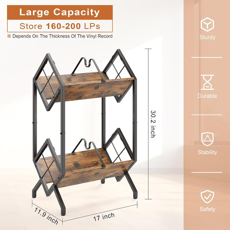 Étagère de rangement à deux niveaux pour disques vinyles avec séparateurs, étagère métallique pour disques vinyles vintage (160-200 LP).