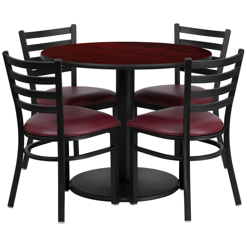 Ensemble de table ronde en stratifié 36 po avec base ronde et 4 chaises en métal Neelam, Acajou, Bourgogne
