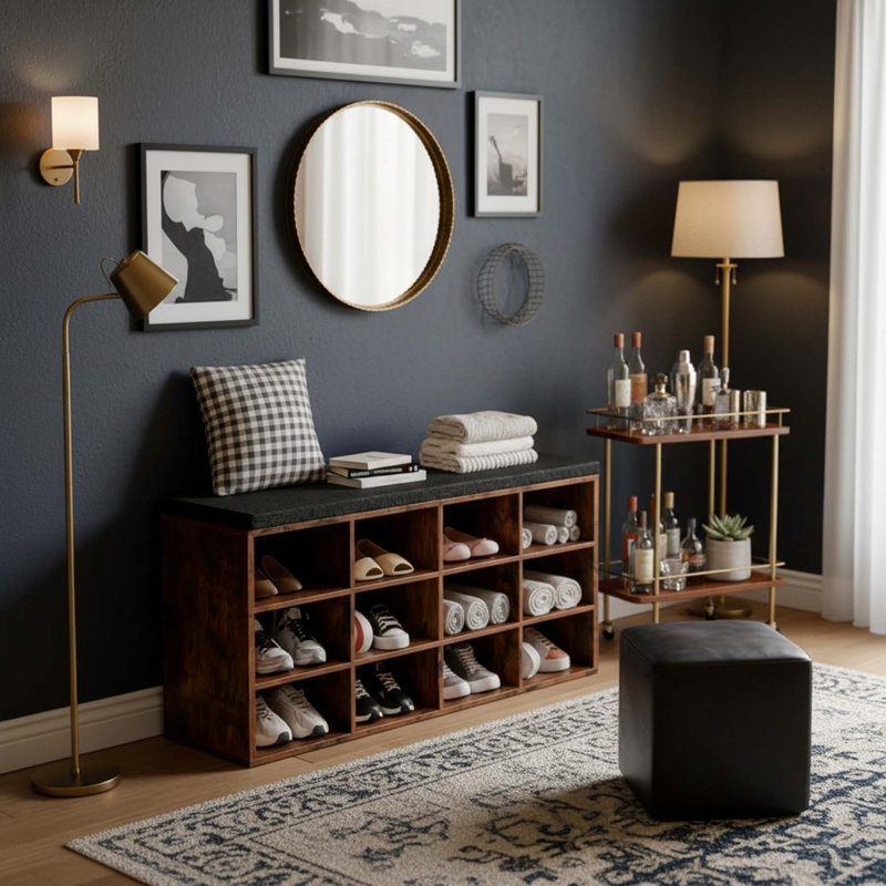 Shoe Storage Bench With Cushion, 39.4" L Entryway With 12 Cubbies And Coat Rack Brown, Brown/Black