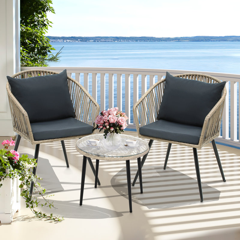 Huba 2 - Person Patio Dining Set with Round Table , Cushions Included, Black