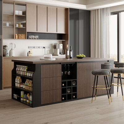 70.8'' Kitchen Island With Storage Drawer Cabinet Open-Sided Shelves Wine Rack, Kitchen Cabinet With Seating Area
