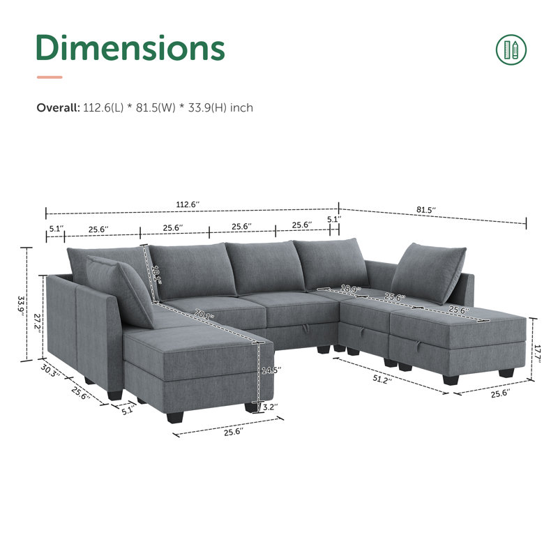 Canapé modulaire en U avec repose-pieds Coss, Polyester gris bleuté