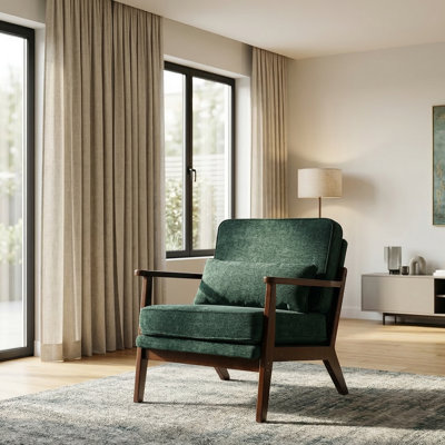 Chaise de salon simple de style Mid-Century, fauteuil moderne rembourré en tissu avec coussin lombaire et accoudoirs droits en bois, chaise d'appoint pour le salon, la chambre à coucher et le bureau, vert