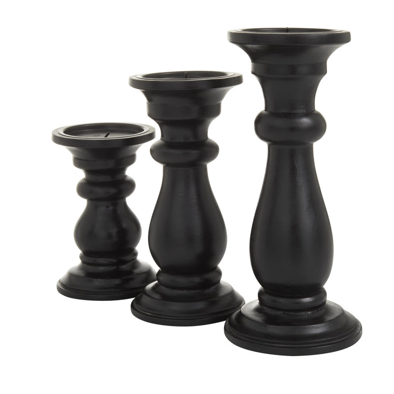 Mango Wood Turned Style Pillar Decorative Candle Holder Set, Black