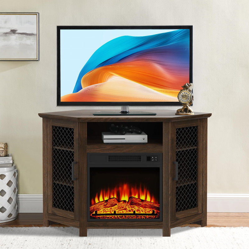  Corner TV Unit Stand fits TVs up to 55" With 18" Electric Fireplace Included, Brown