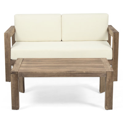 Wood : & Coffee Table With Soft, Cushions, Brown Beige Outdoor : Cushions And Open Slat Back,