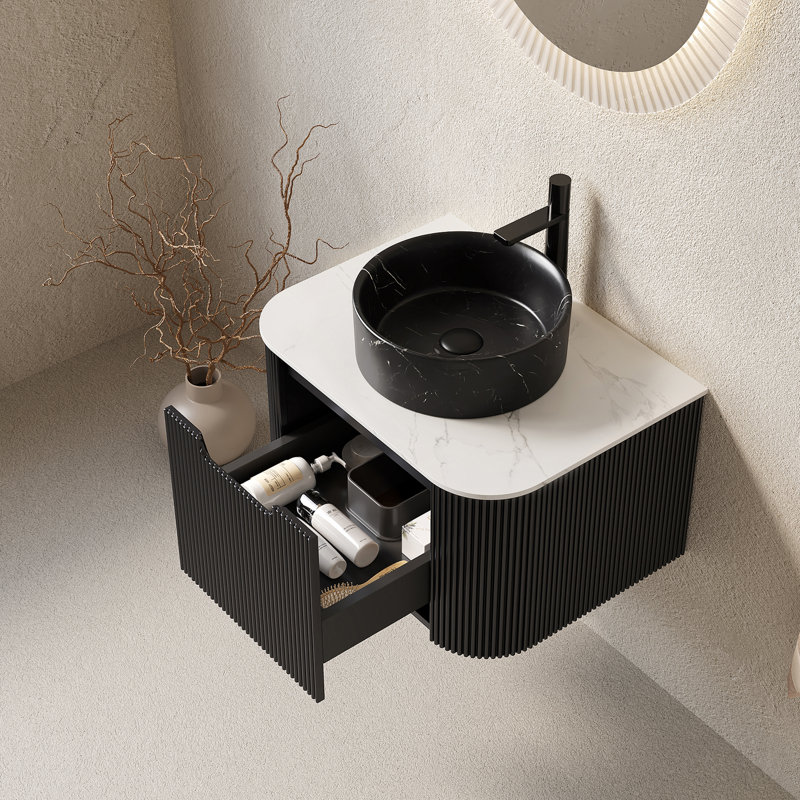 Meuble-lavabo de 24 po avec lavabo, meuble de rangement rayé à bords arrondis avec tiroir, lavabo rond en céramique noir et plateau en pierre frittée blanc de Carrare, pré-assemblé, couleur noire
