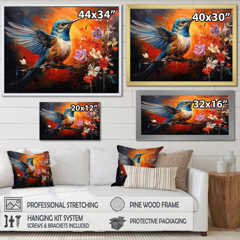 Teal Orange Hummingbird Enchanting Hum Collage - Animals Canvas Art Print, Cadre photo noir, H 12 po x l 20 po x P 1 po