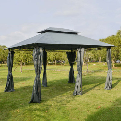 Pavillon de jardin Outsunny, abri de jardin avec auvent avec rideaux, toit ventilé, structure en acier pour jardin, pelouse, cour et terrasse