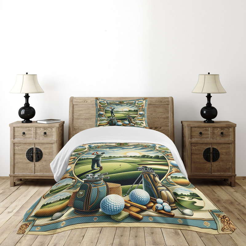 Twin Blue Golf Themed Quilted Bedspread Set