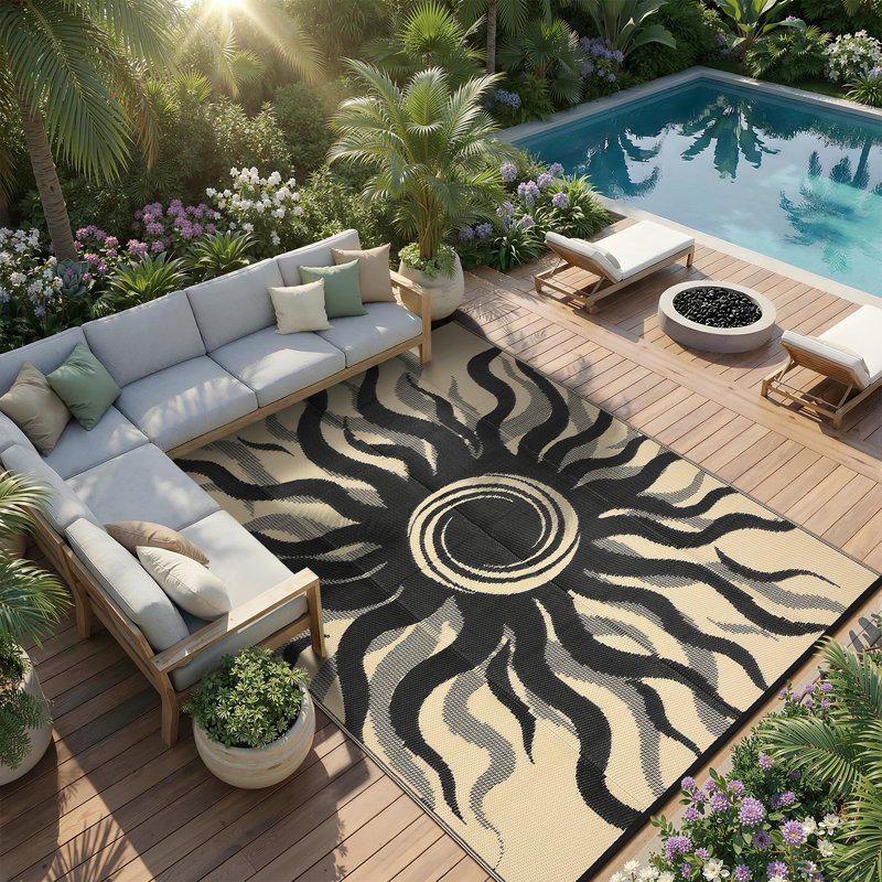 Modern Reversible Abstract Outdoor Area Rug - Stain Resistant, UV Resistant, Washable , Waterproof, Rectangle 9' x 12', Black