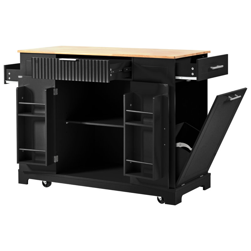Fluted Kitchen Island With Trash Can Storage Cabinet, Black