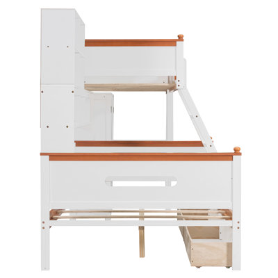 Lit simple superposé en bois simple avec garde-robe, tiroirs, tablettes et lumière DEL, lit mezzanine peu encombrant pour chambre d'enfant, blanc et orange