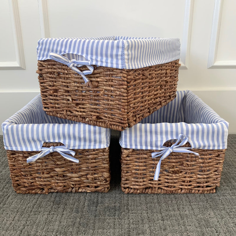 Panier de rangement rectangulaire en maïs tissé à la main - ensemble de 3 - Rayures bleu bébé, Bleu