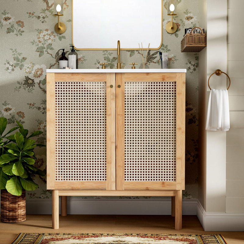 Meuble-lavabo 30 po avec portes en rotin faites à la main et fermeture en douceur