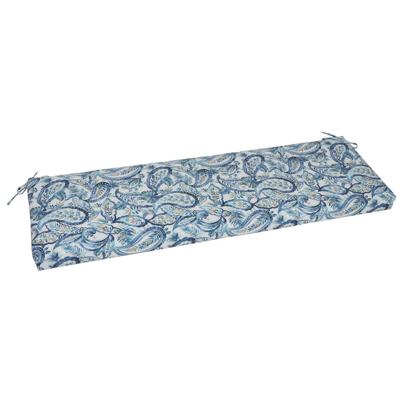 Outdoor Bench Cushion, White/Faylinn Lapis Paisley, 60" W x 19" D