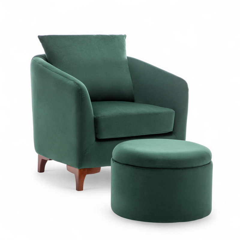 Upholstered Barrel Chair with Footstool,  Dark Green Velvet