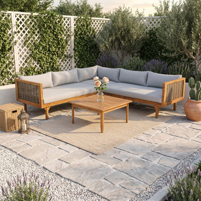 Ensemble de conversation modulaire en bois d'acacia et osier avec coussins et table