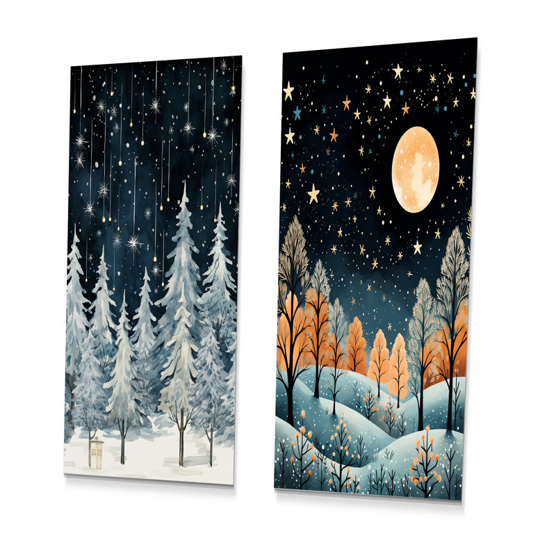 «Winter Pine Tree Starry Night Sky I», ensemble de 2 reproductions d'art en métal, H 28 po x l 24 po
