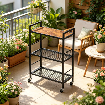 Étagère de rangement en métal à 3 niveaux avec roues industrielles, étagère en filet avec plateau en bois, tablette réglable, largeur de 23,6 pouces, pour la cuisine, la buanderie, le garde-manger et les plantes