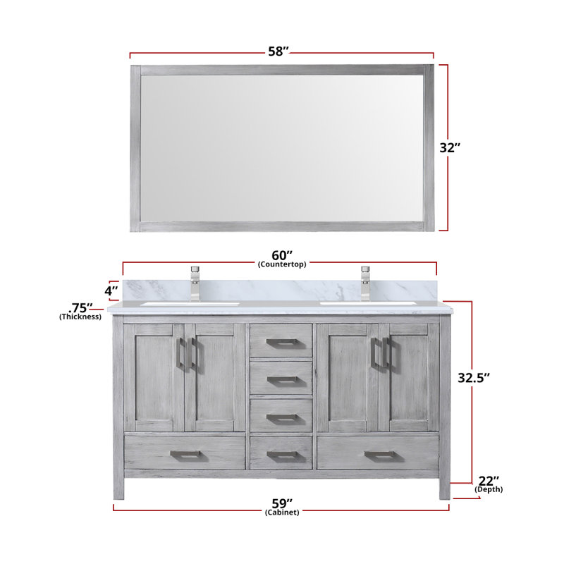 Jacques 60" Distressed Gray Solid Birch Double Bathroom Vanity with Mirror