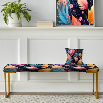 Pink And Blue Floral Feathered Dream - Floral Upholstered Gold Bench
