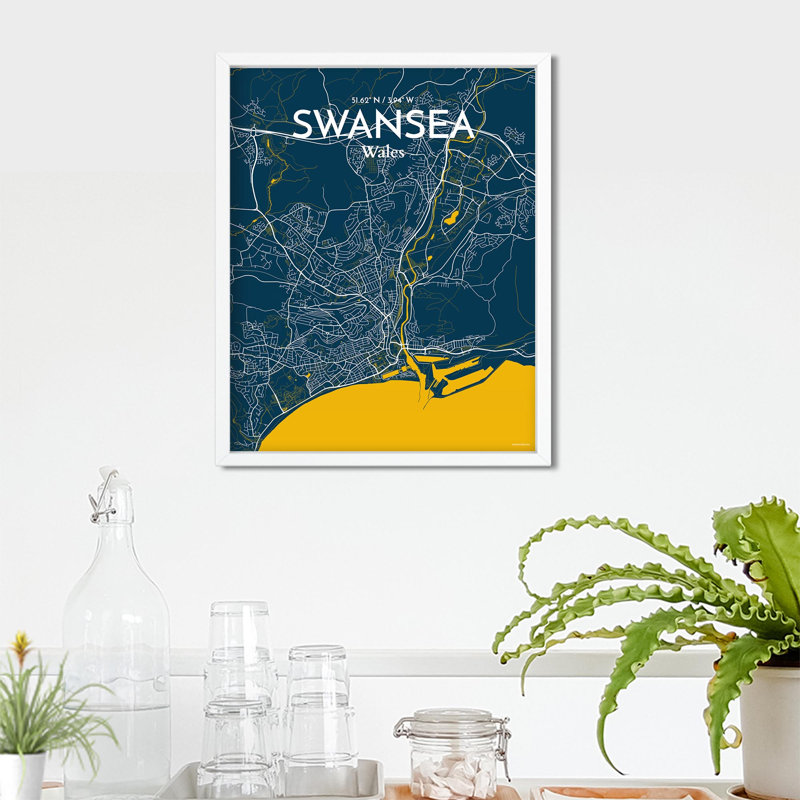 Swansea City Map, impression, H 20 po x l 16 po, Bleu / jaune