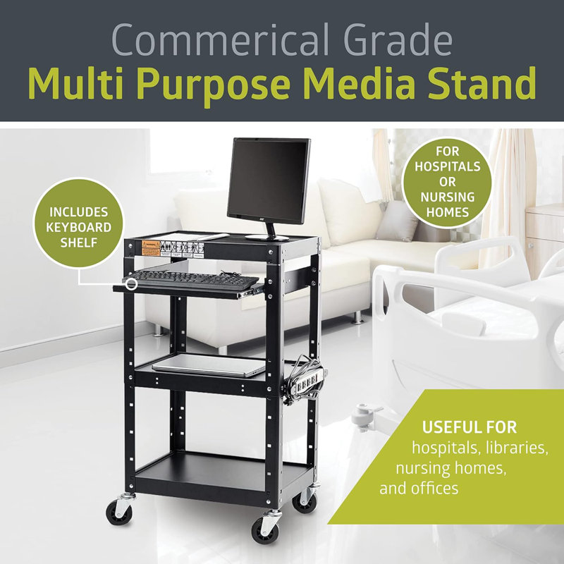  Black Rolling Utility Cart - Adjustable Height Av Stand With Power Strip For Schools & Offices
