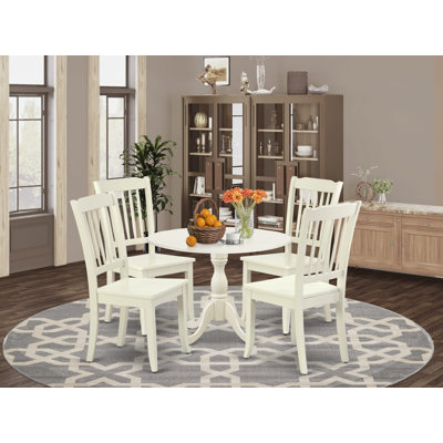 5 Piece Modern Dining Table Set Includes a Round Wooden Table with Dropleaf and 4 Dining Room Chairs, 42x42 Inch, Linen White